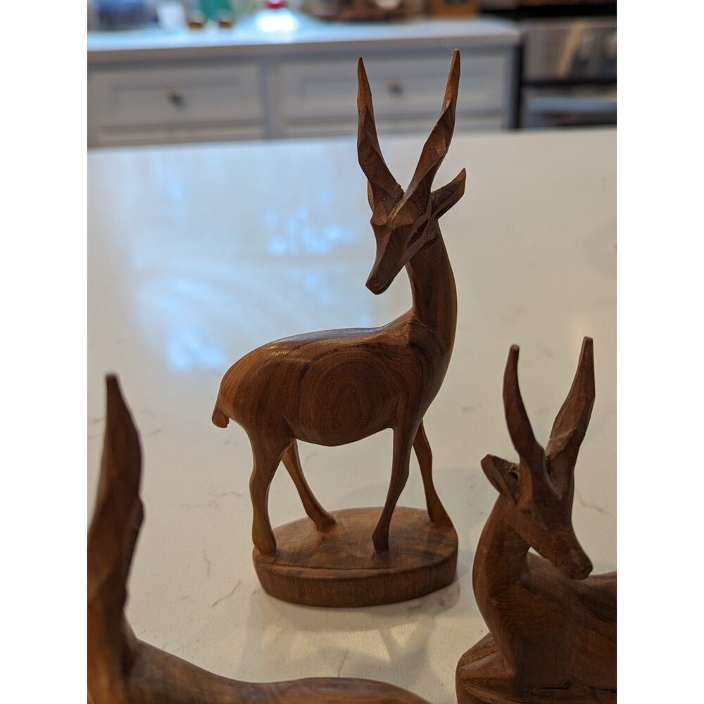 Carved Antelopes Set Of 3 Teak Wood Sculptures Hand carved Safari African... - Picture 5 of 14